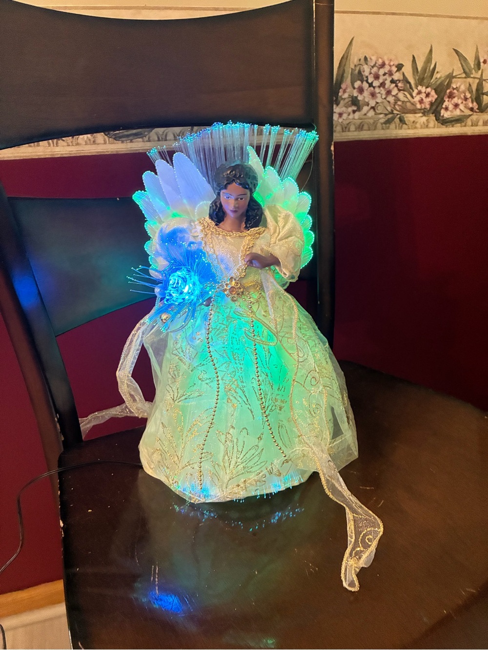 LED Fiber Optic Angel Tree Topper in Green and Gold
